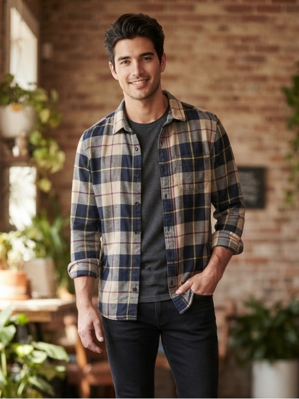 Forever 21 Men's Navy & Cream Plaid Shirt with Yellow & Burgundy Accents